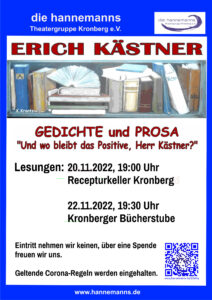 Auf dem Plakat ist ein Regalboden mit verschiedenen Büchern sichtbar. Der Text lautet: Erich Kästner – Gedichte und Prosa. Und wo bleibt das Positive, Herr Kästner. Im November finden zwei Lesungen statt: 20., 19 Uhr Recepturkeller Kronberg und 22.,19:30 Uhr Kronberger Bücherstube.