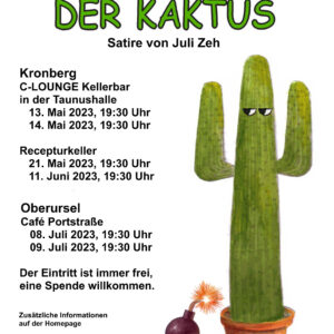 Der Kaktus Satire von Juli Zeh. Ein grünen Kakuts mit zwei Augen in einem Topf. Neben dem Topf leigt eine Bombe mit einen angezündeten Zündschnur.