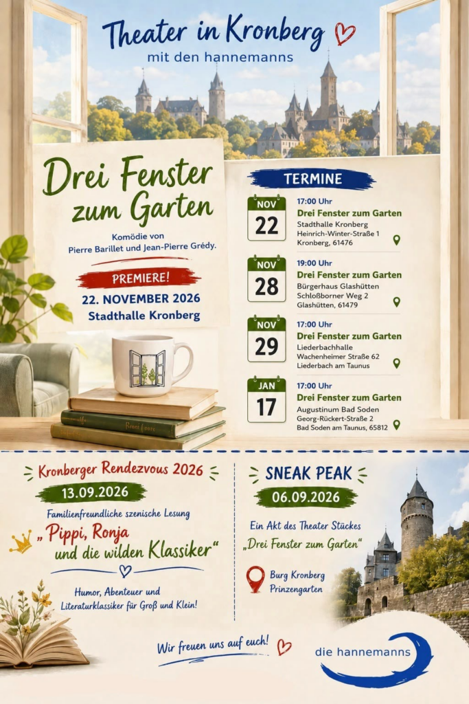 Ein helles, freundlich gestaltetes Theaterplakat mit dem Titel „Theater in Kronberg mit den hannemanns“. Der Hintergrund zeigt den Blick aus einem großen, hellen Fenster auf die Burg Kronberg unter blauem Himmel. Im Vordergrund auf dem Fensterbrett stehen drei Bücher, darauf eine weiße Kaffeetasse mit einer Zeichnung eines offenen Fensters.

Das Plakat ist in drei Hauptbereiche unterteilt:

1. Hauptstück: „Drei Fenster zum Garten“

    Titel: Drei Fenster zum Garten – Komödie von Pierre Barillet und Jean-Pierre Grédy.

    Premiere: 22. November 2026 in der Stadthalle Kronberg.

    Termine & Spielorte:

        22. NOV (17:00 Uhr): Stadthalle Kronberg, Heinrich-Winter-Straße 1, 61476 Kronberg

        28. NOV (19:00 Uhr): Bürgerhaus Glashütten, Schloßborner Weg 2, 61479 Glashütten

        29. NOV (17:00 Uhr): Liederbachhalle, Wachenheimer Straße 62, Liederbach am Taunus

        17. JAN (17:00 Uhr): Augustinum Bad Soden, Georg-Rückert-Straße 2, 65812 Bad Soden am Taunus

2. Unterer linker Bereich: Kronberger Rendezvous 2026

    Datum: 13.09.2026

    Programm: Familienfreundliche szenische Lesung „Pippi, Ronja und die wilden Klassiker“.

    Beschreibung: „Humor, Abenteuer und Literaturklassiker für Groß und Klein!“ Illustriert mit einer Krone und einem aufgeschlagenen Buch, aus dem Blumen wachsen.

3. Unterer rechter Bereich: Sneak Peak

    Datum: 06.09.2026

    Programm: Ein Akt des Theaterstückes „Drei Fenster zum Garten“.

    Ort: Burg Kronberg, Prinzengarten. Im Hintergrund ist ein Foto des Burgturms zu sehen.