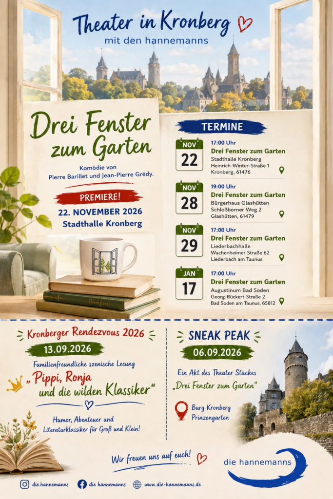 Visuelle Beschreibung:
Das Bild ist ein helles, einladendes Theaterplakat. Im oberen Teil sieht man den Blick durch ein geöffnetes Fenster auf die malerische Kulisse der Burg Kronberg unter blauem Himmel. Auf dem Fensterbrett steht eine Tasse mit einer Fenster-Illustration auf einem kleinen Stapel Bücher. Der untere Teil ist dreigeteilt und zeigt zusätzliche Veranstaltungsdetails sowie das Logo der Theatergruppe „die hannemanns“ und Social-Media-Kontakte.
Textinhalte des Plakats:
Haupttitel: Theater in Kronberg mit den hannemanns
Stück: „Drei Fenster zum Garten“ – Komödie von Pierre Barillet und Jean-Pierre Grédy.
Premiere: 22. November 2026, Stadthalle Kronberg
Termine:
22. Nov 2026 (17:00 Uhr): Stadthalle Kronberg, Heinrich-Winter-Straße 1, 61476 Kronberg
28. Nov 2026 (19:00 Uhr): Bürgerhaus Glashütten, Schloßborner Weg 2, 61479 Glashütten
29. Nov 2026 (17:00 Uhr): Liederbachhalle, Wachenheimer Straße 62, Liederbach am Taunus
17. Jan 2027 (17:00 Uhr): Augustinum Bad Soden, Georg-Rückert-Straße 2, 65812 Bad Soden am Taunus
Sonderveranstaltungen (unten):
Kronberger Rendezvous 2026 (13.09.2026): Familienfreundliche szenische Lesung „Pippi, Ronja und die wilden Klassiker“ – Humor, Abenteuer und Literaturklassiker für Groß und Klein!
Sneak Peak (06.09.2026): Ein Akt des Theaterstückes „Drei Fenster zum Garten“ auf der Burg Kronberg (Prinzengarten).
Kontakt: www.die-hannemanns.de | Instagram & Facebook: @die.hannemanns